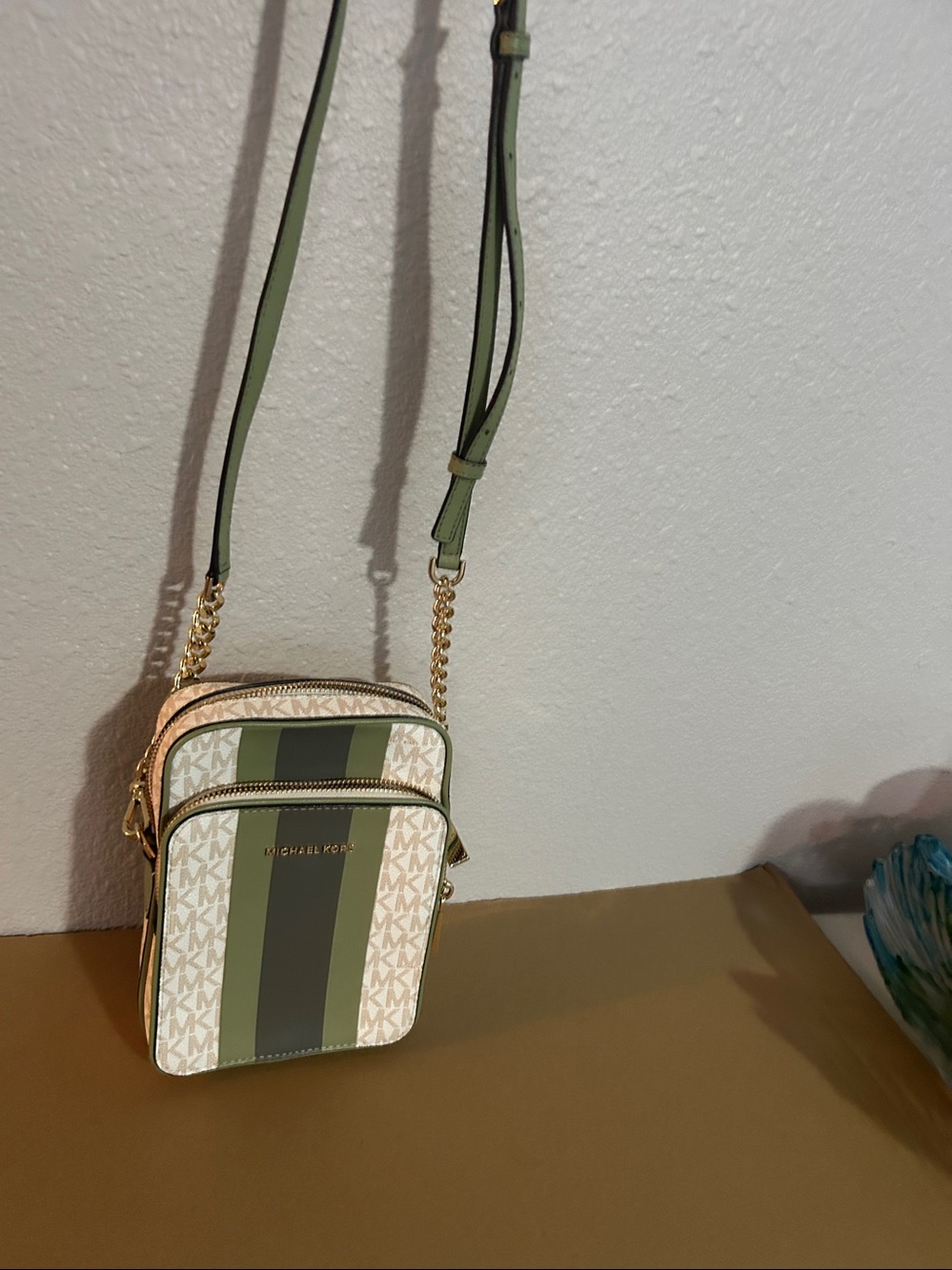 Michael Kors Olive & Dark Green Stripe MK Crossbody Pouch - Picture 2 of 5